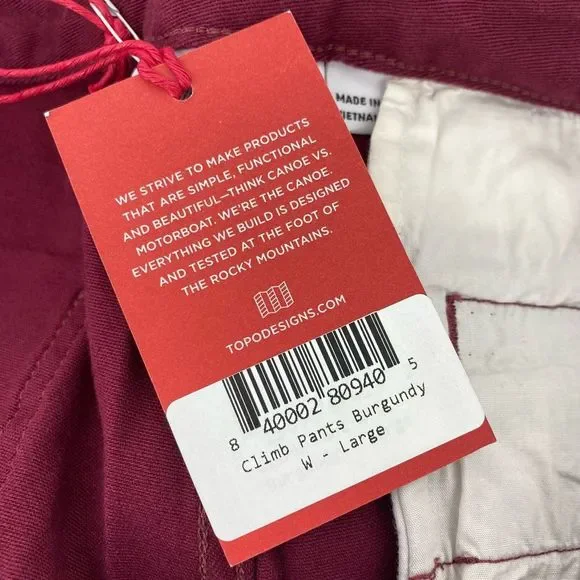 Topo Designs Womens Climb Pants Size L Organic Cotton Outdoor Hiking NWT Burgund - Picture 14 of 15